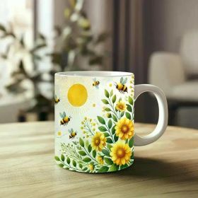 1pc Bee and Flower Ceramic Mug - 11 Ounces, Vibrant Sunflower & Bee Design, C-Handle for Coffee, Tea, or Wine