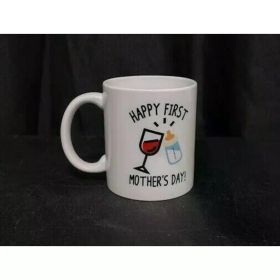 Charming 11oz Ceramic "Happy First Mother's Day" Mug with Wine Glass & Youngsters Bottle Design - Perfect Coffee