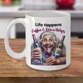 1pc Ceramic Coffee Mug "Life Happens, Coffee & Wine Helps" 11oz Cup Funny Gifts