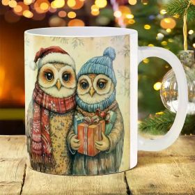 1pc 11oz Festive Owls Ceramic Coffee Mug with Santa Hats & Scarves - Ideal for Coffee, Tea, Milk, Water, Wine - Perfect