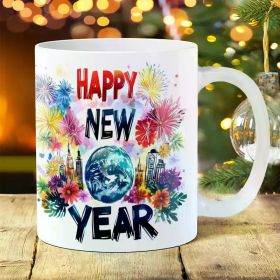 1pc 11oz Festive Basque-Themed Ceramic Mug with Colorful "Happy New Year" Design - Ideal for Coffee, Tea, Wine & Milk