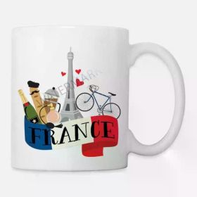 11oz White Ceramic Coffee Mug with Parisian Design - Eiffel Tower, Bicycle, Wine Glasses & Baguettes - Perfect for