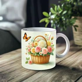 1pc_Flower Basket And Butterfly ceramic cup 11 ounces, coffee/tea/wine glass, suitable for Valentine's Day, birthdays,