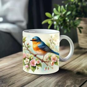 1pc Bluebird and Cherry Blossoms Ceramic Mug 11oz - Hand-Painted Floral Design, Perfect for Coffee, Tea, or Wine |