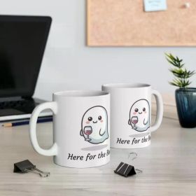 Here for the Boo Ceramic Mug - 11oz Halloween Coffee Cup with Cute & Wine Glass Design,