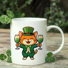 St. Patrick's Day Leprechaun Cat Mug - White Ceramic Coffee Cup with Green Shamrock and Wine