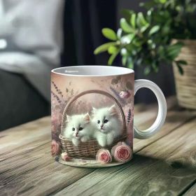 1pc_Cute Kitten And Flower Basket ceramic cup 11 ounces, coffee/tea/wine glass, suitable for Valentine's Day, birthdays, (Color: White)