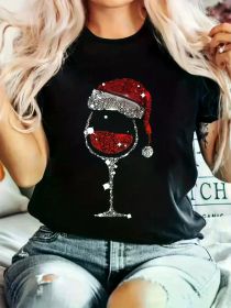 Christmas Hat & Red Wine Glass Print Fashion Casual Women'S T-Shirt, Medium Stretch Ladies Short-Sleeved (Color: Black, size: XXL)