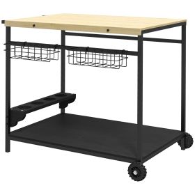 Outsunny Outdoor Bar Cart, Patio Rolling Serving Cart with Wheels, Side Handle, 2 Baskets, 4 Wine Holders for Garden, Dining Room, Natural (Color: as Pic)