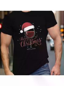 Wine Santa Merry Christmas Print Round Neck Comfortable Short-sleeve Shirt With New Men'S Fashion Pattern Print (Color: Black, size: XXXL)
