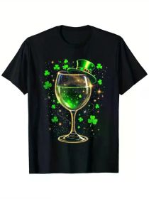 [Festive Fun] St. Patrick's Day Irish Shamrock Wine Glass Leprechaun Hat T-Shirt, 100% Cotton, Black (Color: Black, size: XXXL)